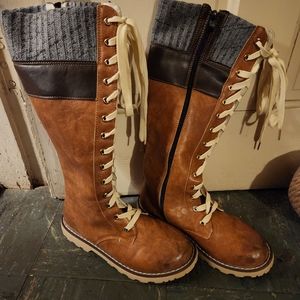 Brown Lace-Up Knee-High Boots